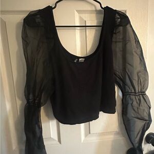 Divided Black Sheer Bishop Sleeve Crop Blouse